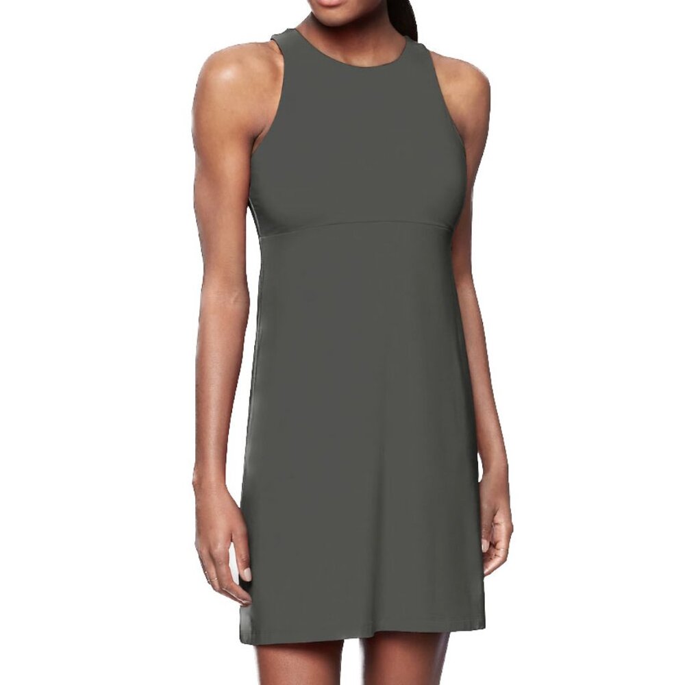 Athleta Santorini Dress Dark Olive Sleeveless Empire Waist Boatneck Size Medium